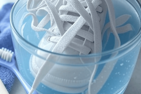 White sneaker soaking in a bowl of cleaning solution with a toothbrush and towel beside it.