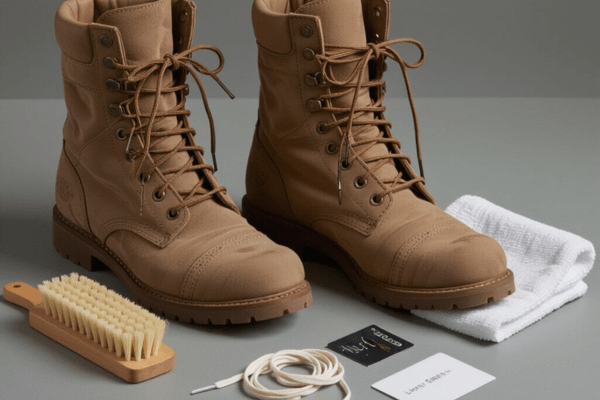 Tan military-style boots with laces, a brush, cloth, and accessories prepared for lacing