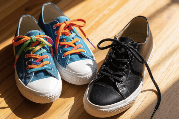 Three sneakers placed on wooden flooring showing a real-life side-by-side comparison of round and flat shoelaces in different styles