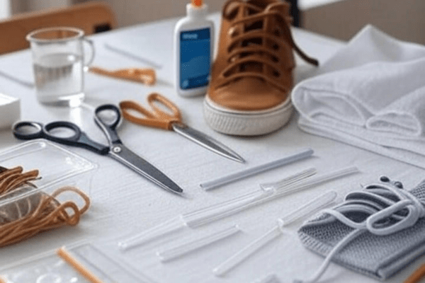A table with various shoe repair supplies, including a brown shoe, scissors, glue, a water glass, a white cloth, strings, and glass rods.