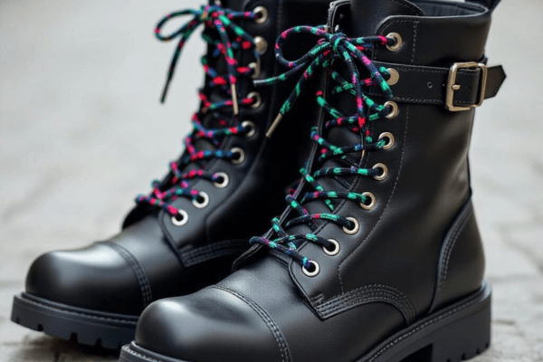 Stylish lacing technique on black combat boots with colorful laces