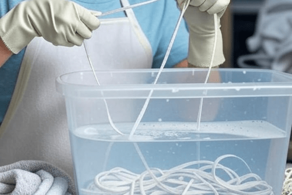 A person wearing gloves prepares white shoelaces for bleaching in a plastic container of water.