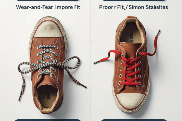 Three brown shoes side by side showing loose, stretched, and tightened elastic laces with tools like scissors and a ruler placed nearby
