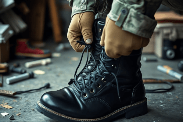Person tightly lacing black military jump boots in a tactical setting