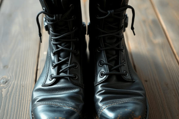 Zipper lacing pattern on black combat boots placed on a wooden floor