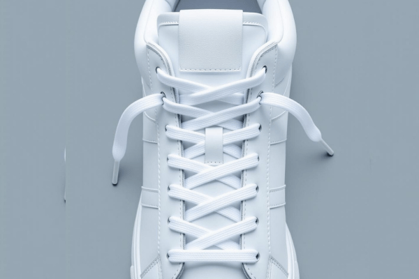 Detailed view of a pristine white sneaker adorned with a bar lacing pattern, showcased against a subtle gray surface.