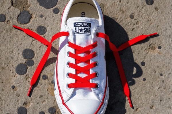 Close-up of a white Converse All-Star sneaker with red laces in a crisscross pattern on a textured gray surface.