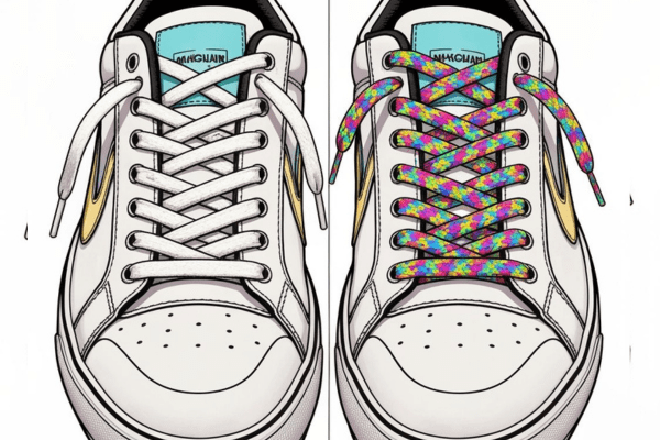 Before and after comparison of a shoe with plain white shoelaces and colorful braided shoelaces.
