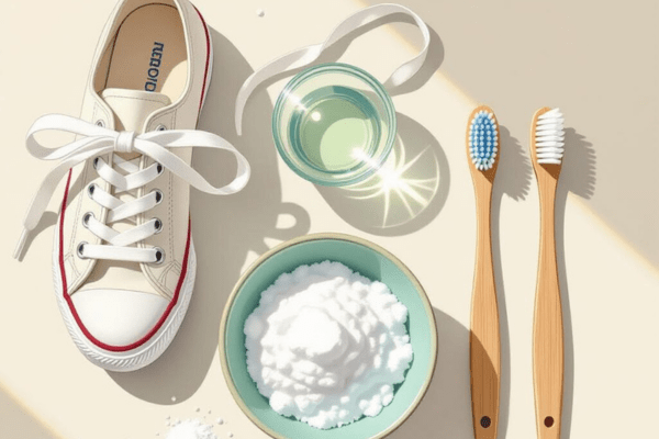 A canvas shoe, two bamboo toothbrushes, a bowl of baking soda, and a small cup of liquid, suggesting alternative cleaning methods.