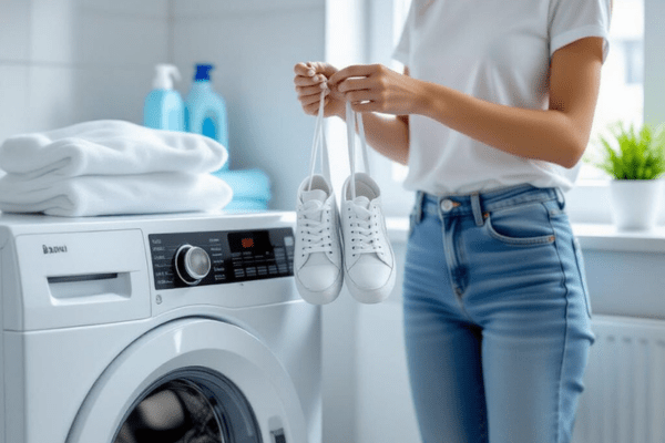 A woman holding white sneakers with white shoelaces next to a washing machine in a bright laundry room.