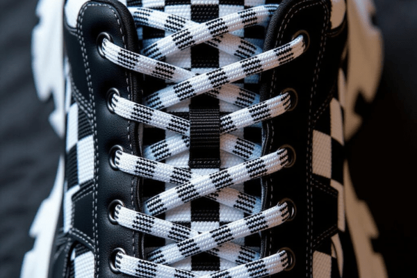 Close-up of checkerboard lacing on a sneaker with a wide tongue using black and white laces