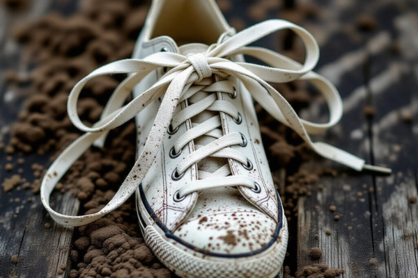 A dirty white sneaker with muddy stains on the laces and toe, placed on a rough wooden surface.