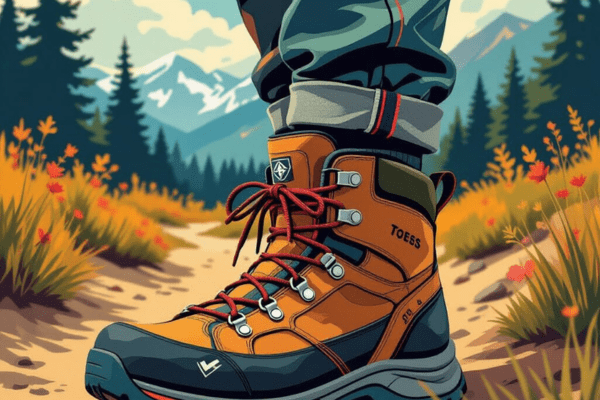 High-ankle hiking boot on a scenic trail, designed to reduce foot pain, pressure, and blisters with proper fit and secure lacing.