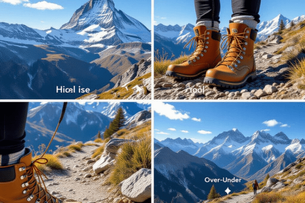 A collage of hiking boots and mountain trails, featuring close-up views of laced boots and scenic landscapes.