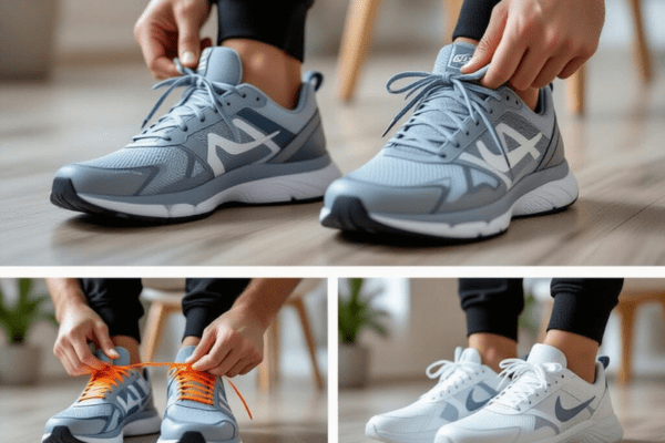 Hands adjusting athletic shoe laces using various lacing methods to fix common fit issues like heel slippage and a tight toe box.