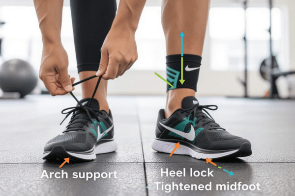 Person tying athletic shoes using proper lacing techniques to demonstrate how to improve shoe support with lacing, focusing on arch support, heel lock, and midfoot stability.