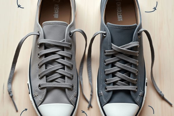 Top view of two sneakers showing standard lacing versus wide-foot lacing with visible spacing for comfort — demonstrating how to lace shoes for wide feet.