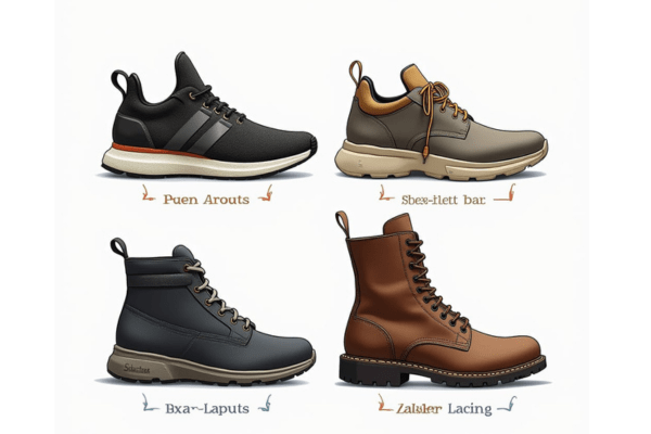 Top-down view of four different shoes—each showing a unique lacing style by shoe type, including athletic, dress, and combat footwear.
