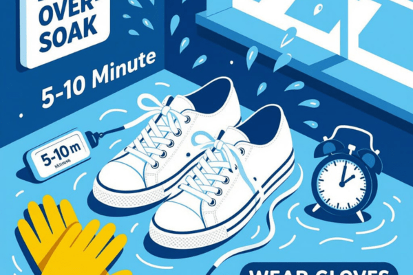 Illustration showing white sneakers being soaked with water, gloves, a timer, and cleaning instructions like “5–10 minutes soak.”
