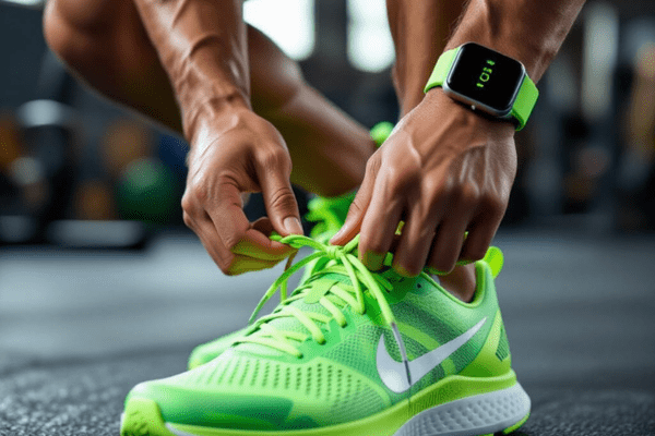 Secure lacing for sports shoes is shown as an athlete ties bright green running shoes tightly for a stable and supportive fit.