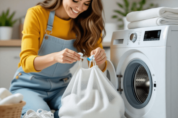 Woman placing white shoelaces into a mesh laundry bag before washing them in a front-load washing machine