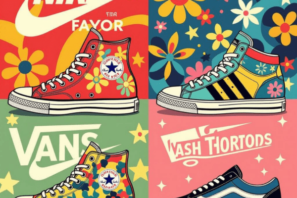 Pop-art style illustration showing iconic sneakers with unique and stylish lacing designs