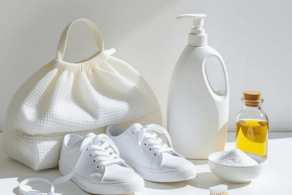 Essential items you need before washing white shoelaces include a laundry bag, detergent, a toothbrush, baking soda, and shoes.