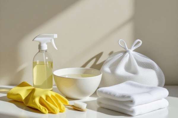 Cleaning essentials, including gloves, a spray bottle, a bowl, a brush, towels, and a mesh bag, arranged neatly on a white surface.