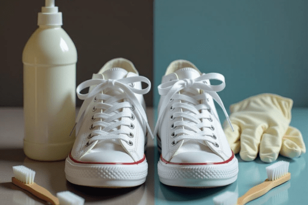 Fresh white sneakers with clean shoelaces, a bleach bottle, gloves, and cleaning brushes