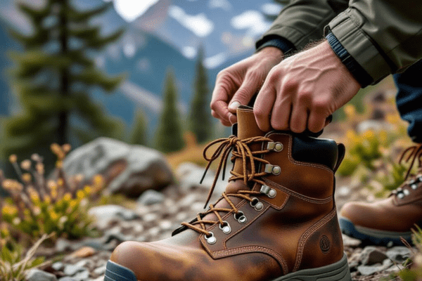 A hiker tightening boot laces on a rocky trail, showing how proper lacing improves fit and foot stability in rugged outdoor conditions.