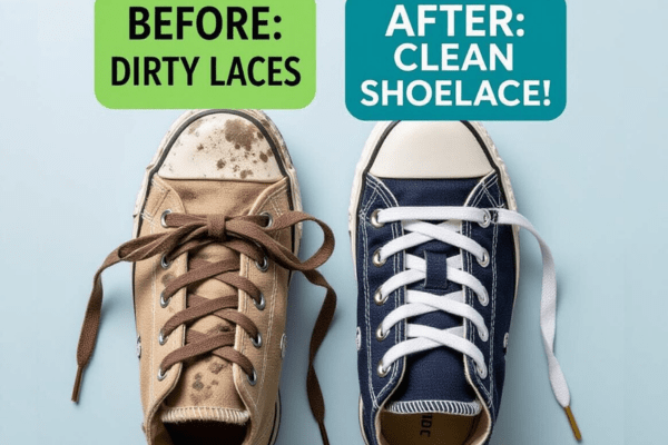 A pair of sneakers showing a before and after comparison, with dirty laces on the left and clean shoelaces on the right.