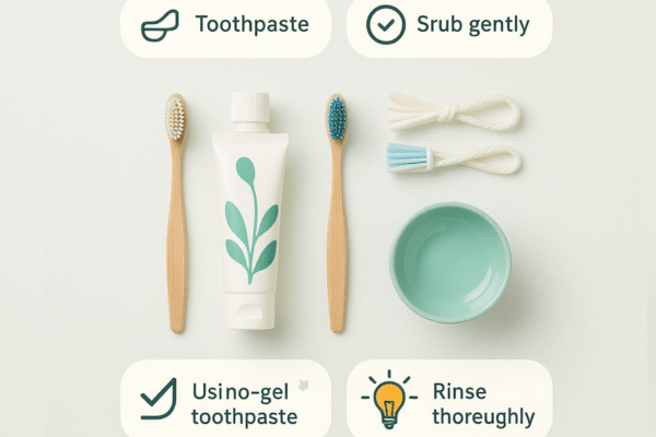 Dental care items including toothbrushes, Usino-gel toothpaste, and a bowl with tips for best results, like scrub gently and rinse thoroughly.
