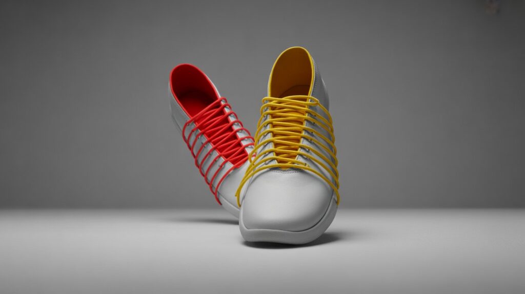 White sneakers with mismatched laces — the left shoe with red laces and red inner lining, the right shoe with yellow laces and yellow inner lining — displayed against a neutral gray background.