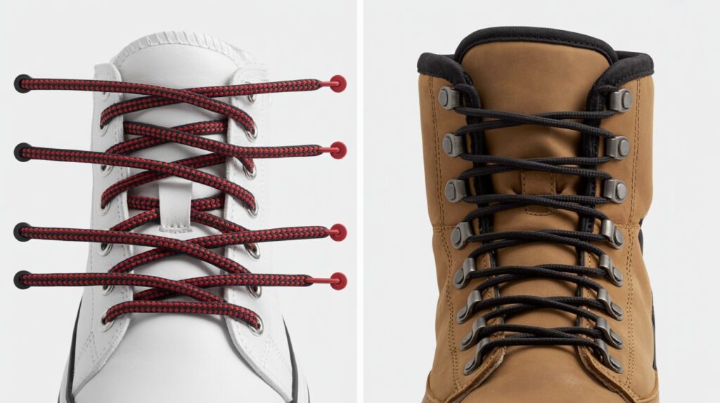 Side-by-side example of advanced shoelaces techniques showing zipper lacing on a white sneaker and ladder lacing on a brown hiking boot.