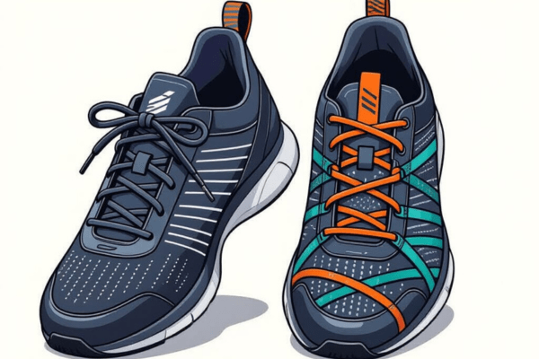 The benefits of bar lacing vs. criss-cross lacing are illustrated on two sneakers.