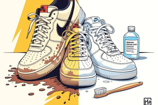Before and after cleaning white sneakers using hydrogen peroxide, with visible stains removed and cleaning tools shown