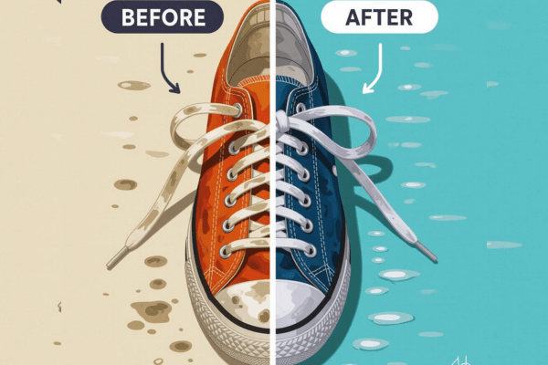 Side-by-side comparison of a dirty and clean sneaker showing before and after cleaning results.