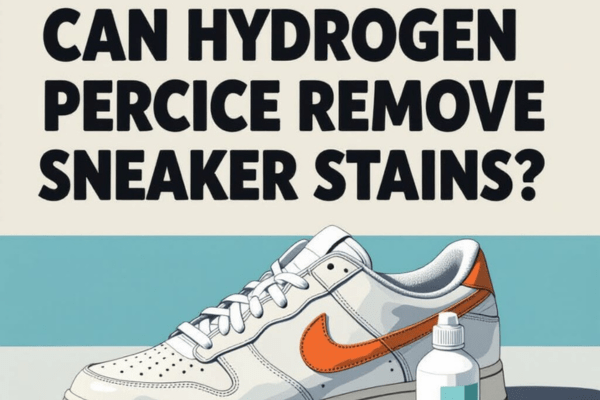 Can hydrogen peroxide remove sneaker stains? An illustrated sneaker with a small bottle of cleaning solution beside it.