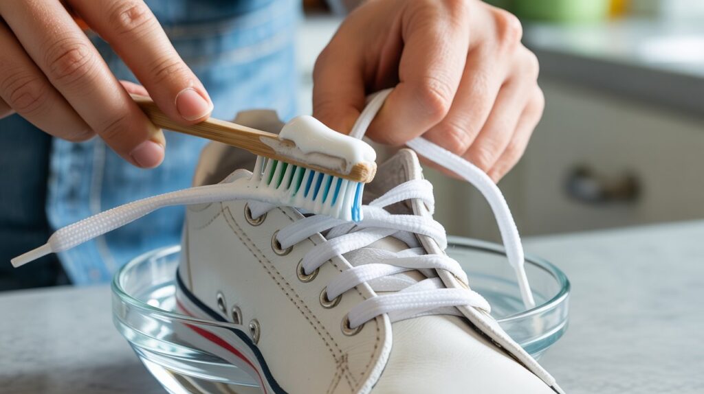 Can you clean shoelaces with toothpaste? Hands scrubbing white shoelaces with toothpaste using a toothbrush.