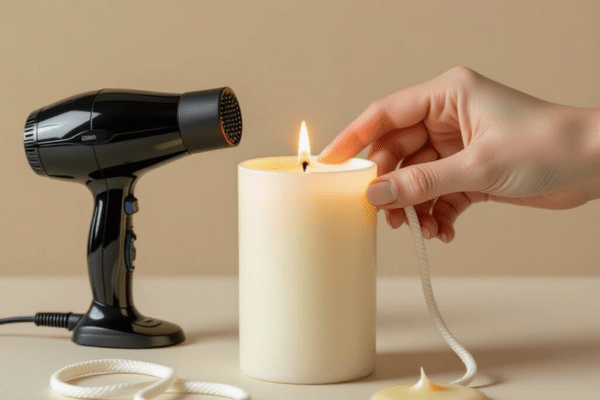 A hand applying candle wax to a shoelace using a lit candle, with a hair dryer nearby.