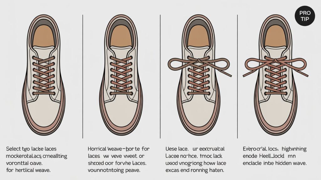 Step-by-step illustrated guide showing the Checkerboard Lacing technique on sneakers, with two contrasting colored laces woven horizontally and vertically to create a checkerboard pattern, labeled stages, and a “Pro Tip” icon.