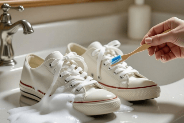 Can you clean shoelaces with toothpaste? An individual cleans white shoelaces by scrubbing them with a toothbrush and toothpaste over a sink.