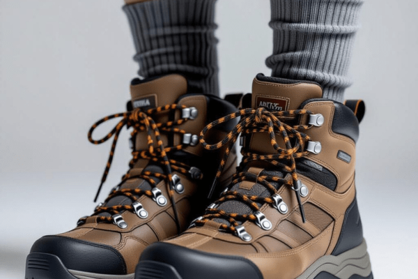 Hiking boots with figure-eight lacing for ankle support, showing a secure loop pattern around ankle hooks.