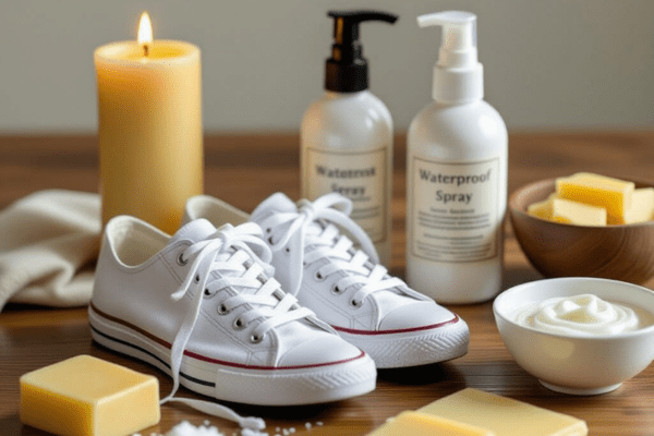 Homemade shoelace waterproofing materials, including candle wax, waterproof spray, and cream, placed beside white sneakers