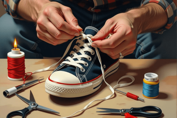 Person demonstrating "Person demonstrating how to fix a broken shoelace without replacing it using a needle, thread, and simple DIY tools on a sneaker."
