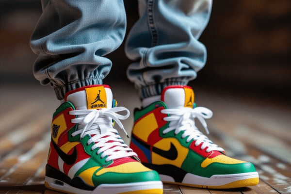 How to lace basketball shoes casually with white shoelaces on colorful sneakers styled with jeans