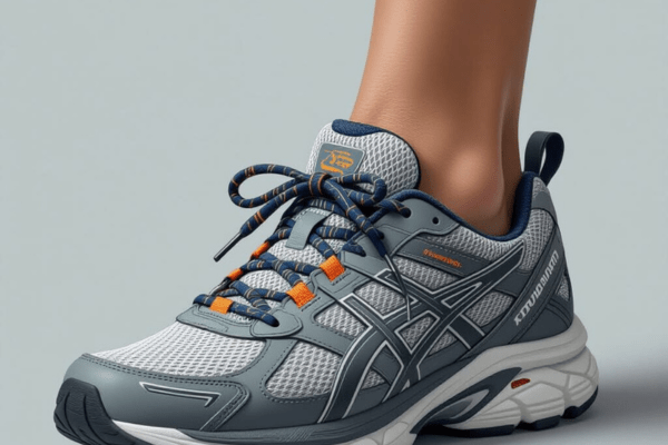 A close-up of an Asics athletic shoe with a Lacing Shoes for Plantar Fasciitis Relief focus, designed for support and relief from plantar fasciitis.