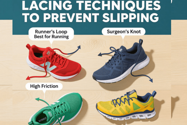 Four athletic shoes demonstrating lacing techniques to prevent slipping, including runner's loop, surgeon's knot, and high-friction laces.