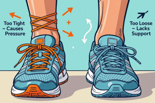 A comparison of shoes tied too tight versus too loose, showing the effects on support and pressure.