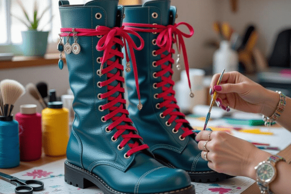Person adding red laces and charms to teal cosplay boots as a quick DIY upgrade for a unique costume look.